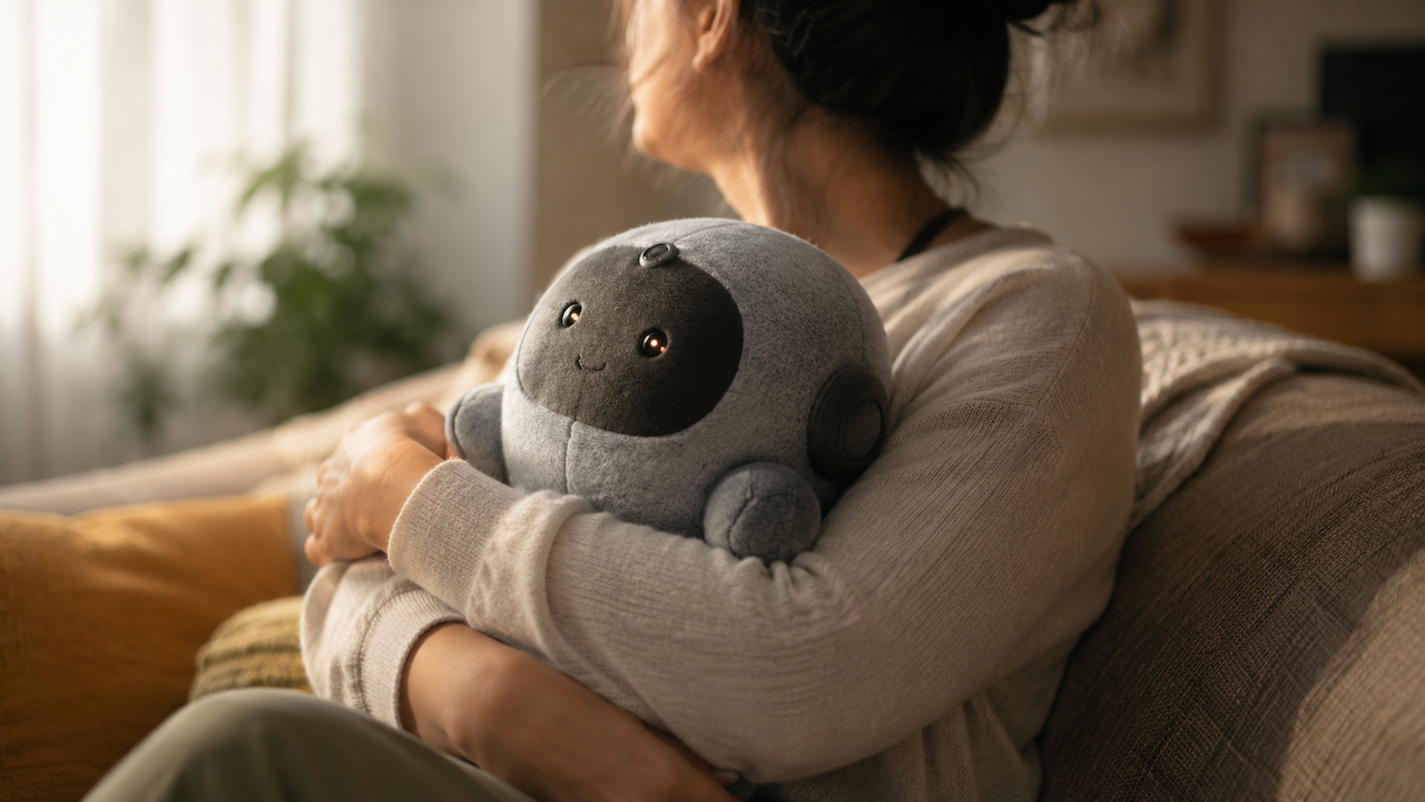 ソファでAIぬいぐるみを抱く人