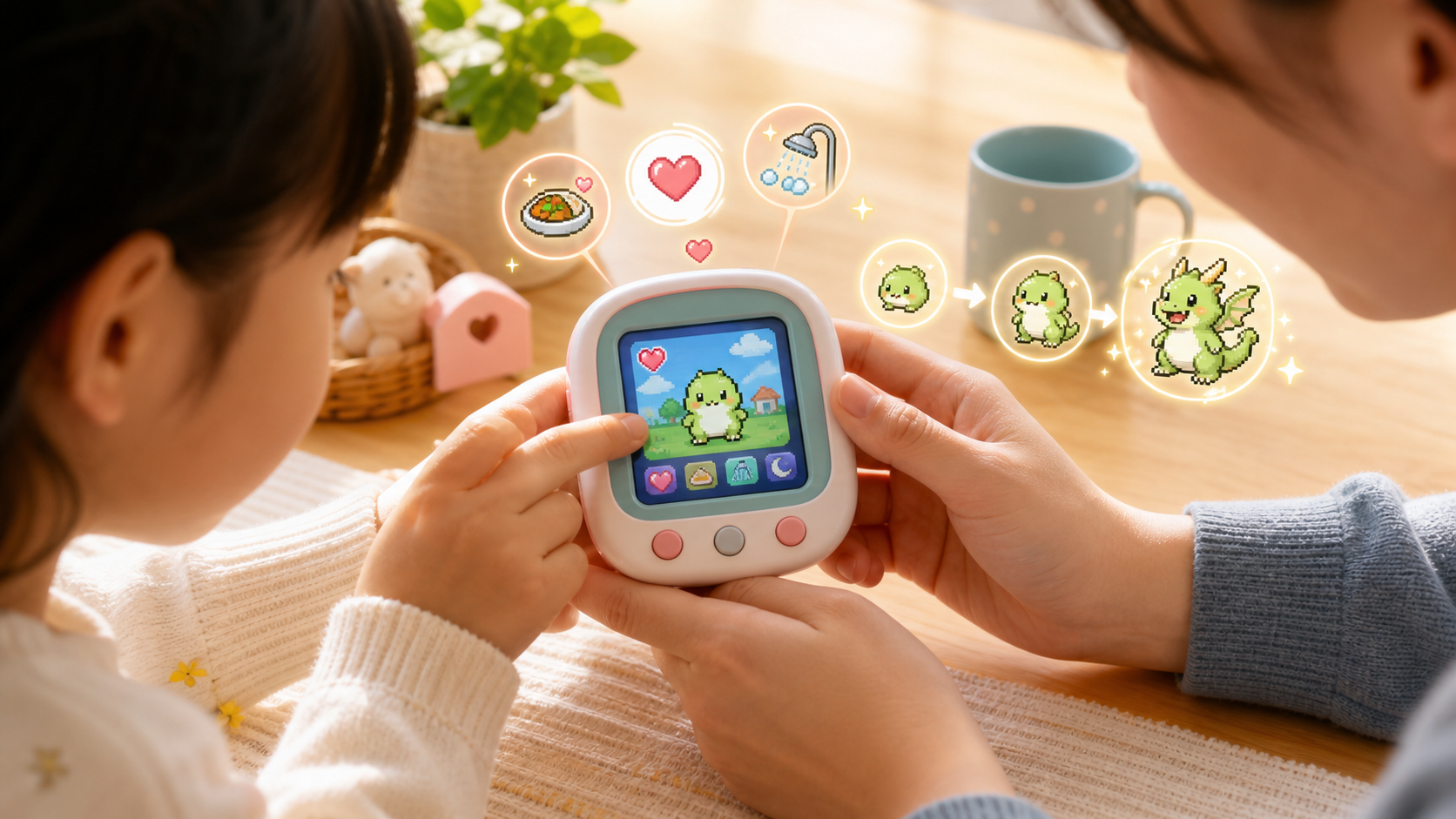デジタルペットを親子で育てるイメージ