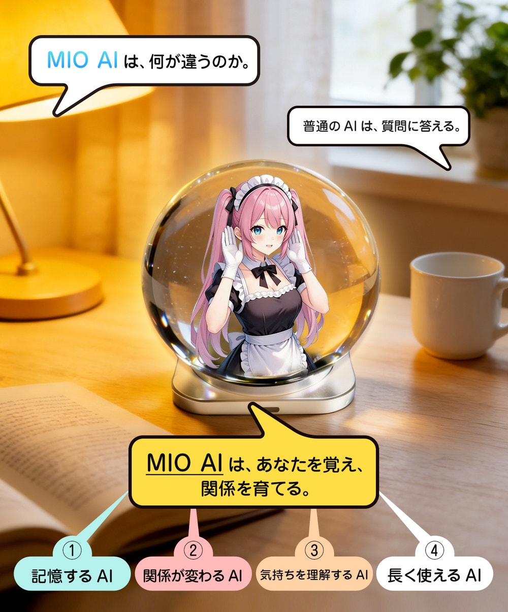 MIO AIのコンセプト説明。ガラスの球体に入ったキャラクターが「MIO AIは、あなたを覚え、関係を育てる」と語りかけ、記憶する・関係が変わる・気持ちを理解する・長く使えるの4つの特徴を紹介する図解