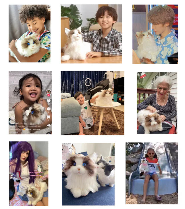 Photo collage of metaCat users — children, adults, and elderly owners sharing the robot cat on social media