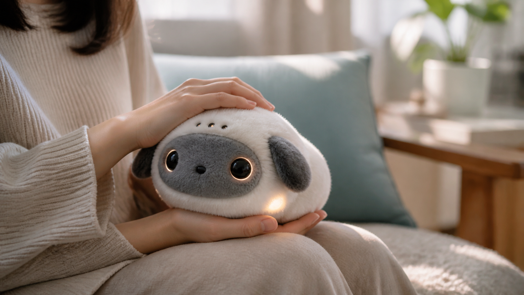 ふわふわしたAIペットロボットを手で撫でるイメージ