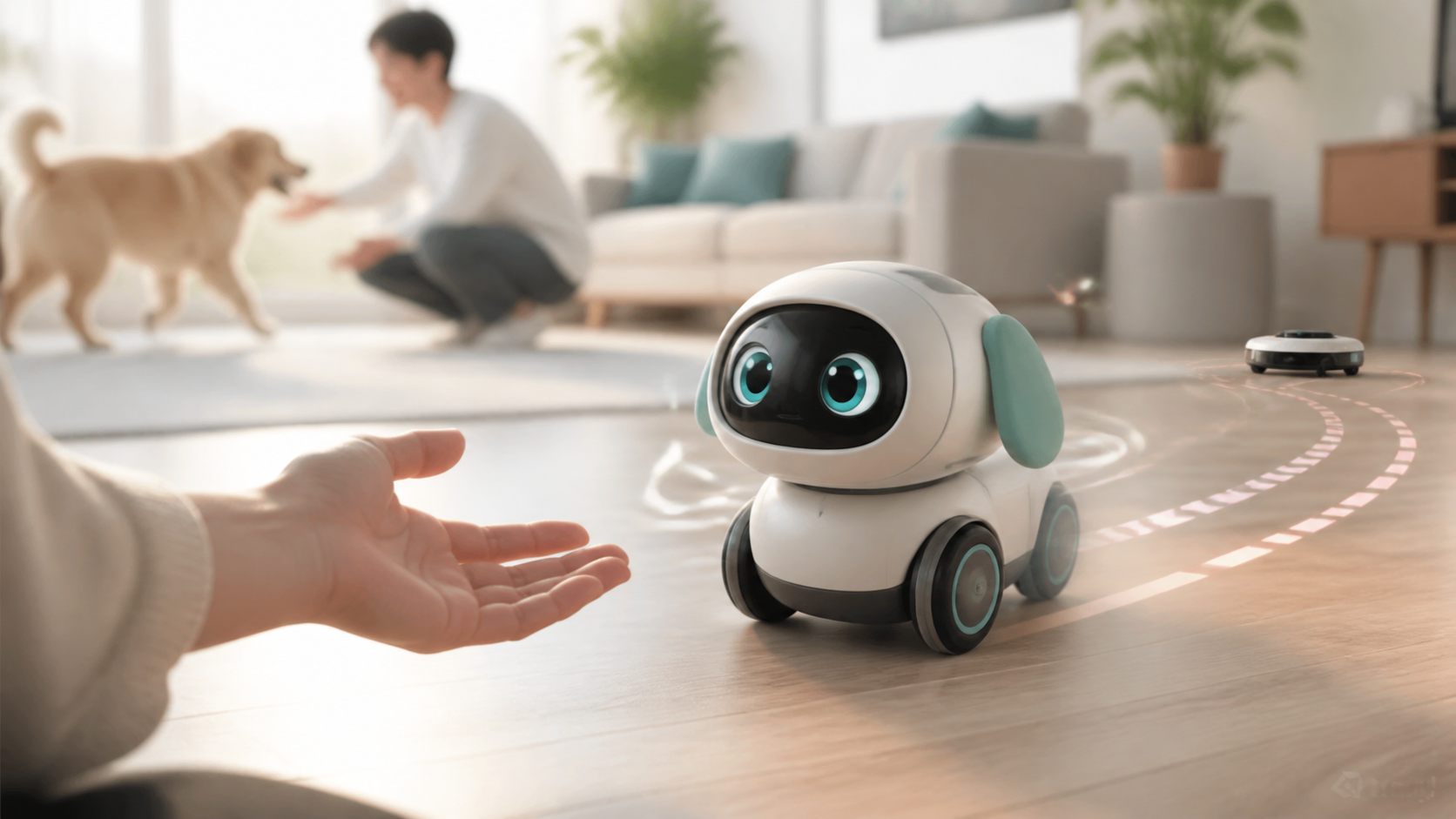 人の手に近づく動くAIペットロボットのイメージ