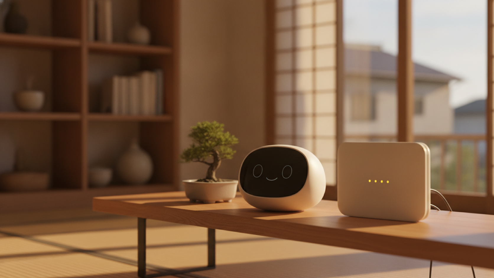 A small pet robot sitting beside a Wi-Fi router