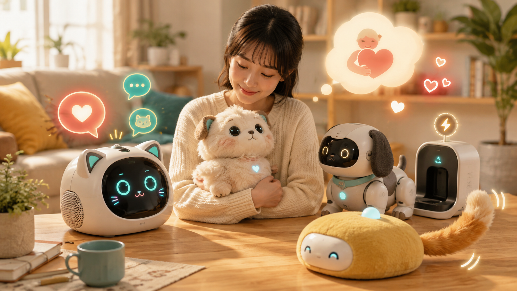 賢さと愛着のバランスでAIペットロボットを比較するイメージ