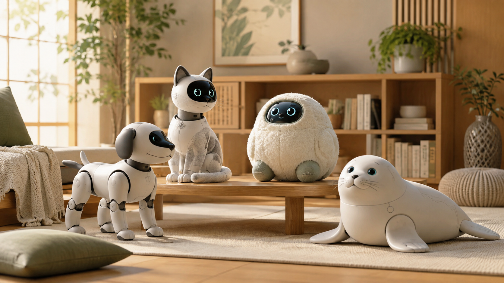 犬型・猫型・抽象型・セラピー型のAIペットロボットを比較するイメージ