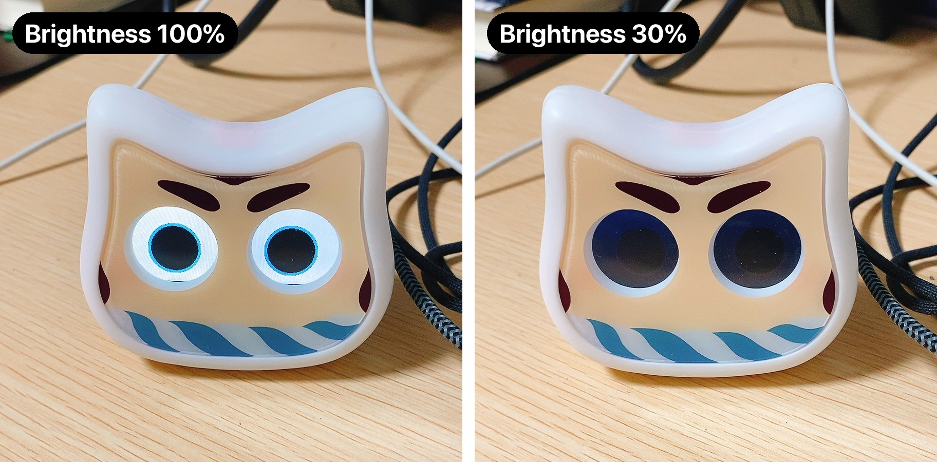 Mia's eyes in a bright room: 100% brightness (left) and 30% (right)
