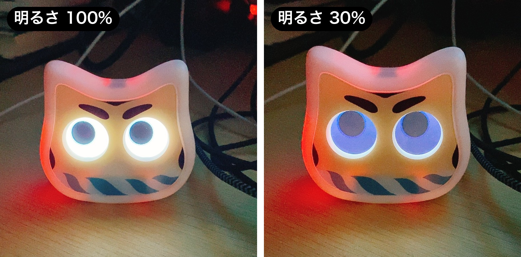 暗い部屋での、明るさ100%（左）と30%（右）の目の比較