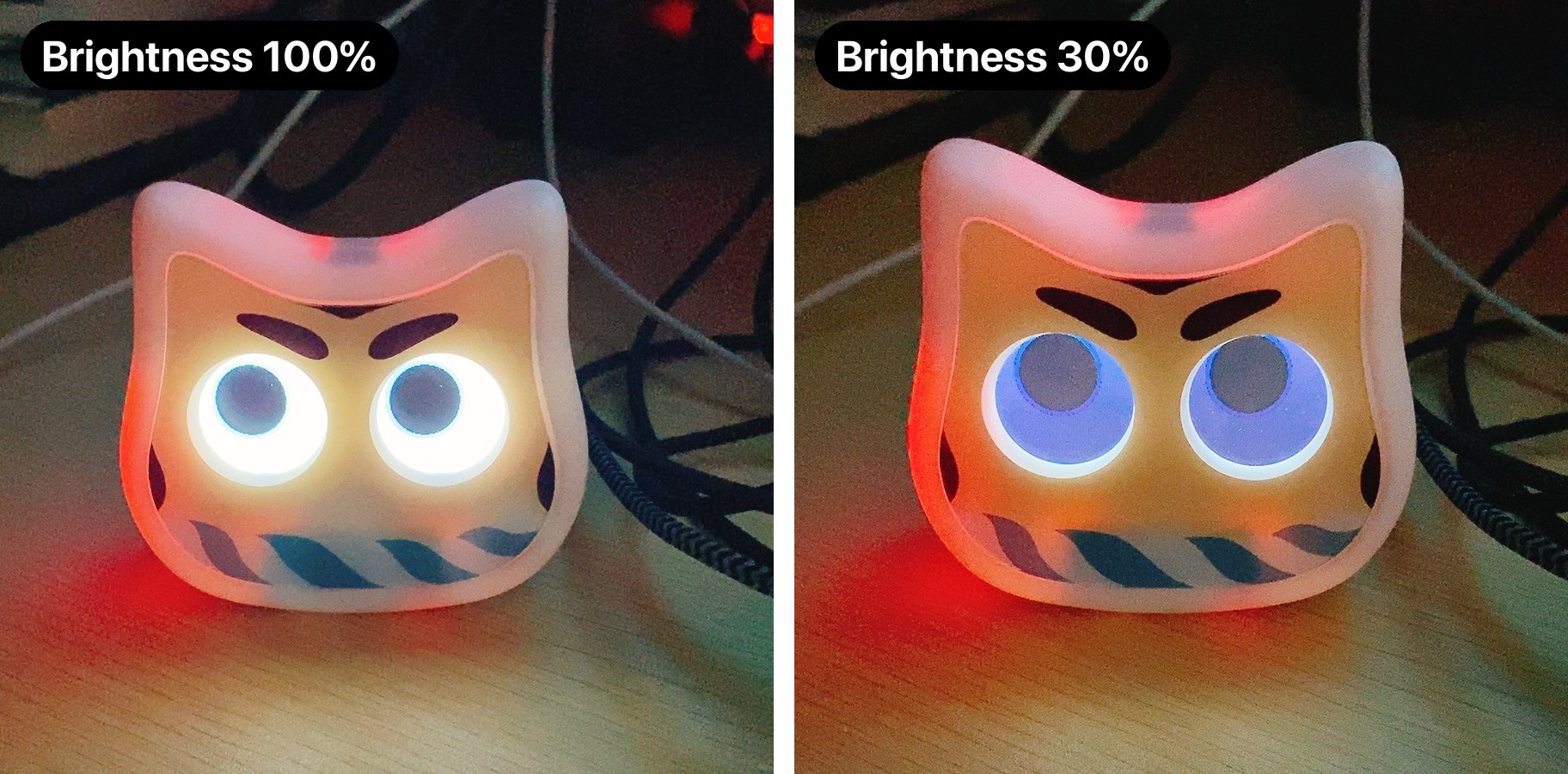 Mia's eyes in a dark room: 100% brightness (left) and 30% (right)