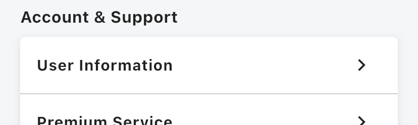 The Account & Support section of the Mia app Home screen