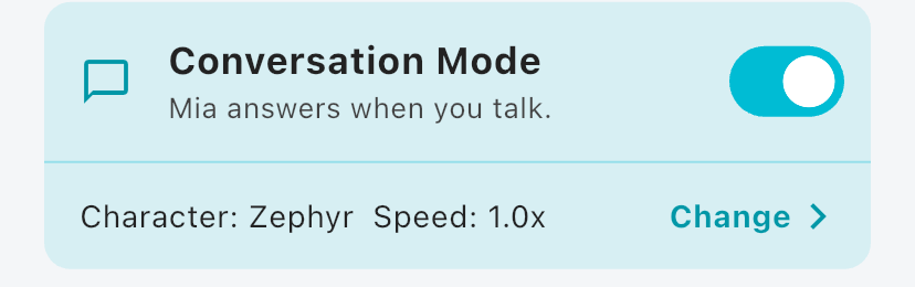 The Conversation Mode card on the Home screen with the character, the speed and "Change"