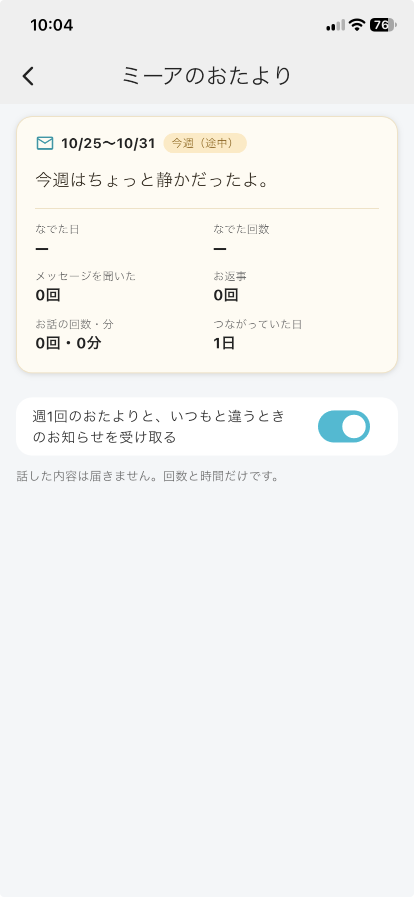 「ミーアのおたより」の画面。今週のなでた日、メッセージを聞いた回数、お話の回数・分が表示されている