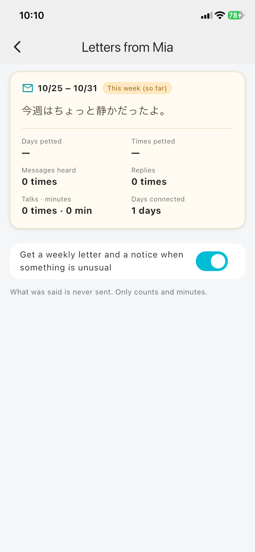 The Letters from Mia screen, showing this week's days petted, messages heard, and talks and minutes