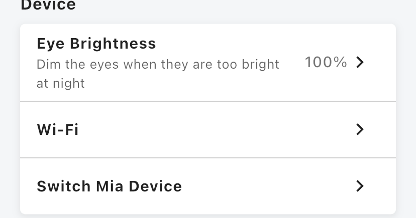 The "Device" section of the Home screen, with "Eye Brightness" at the top