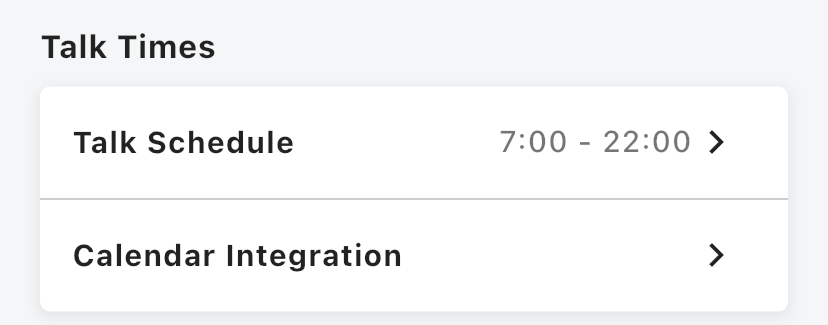The "Talk Times" section of the Home screen, with "Calendar Integration"