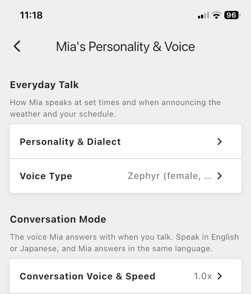 The "Mia's Personality & Voice" screen with "Conversation Voice & Speed" in the Conversation Mode section