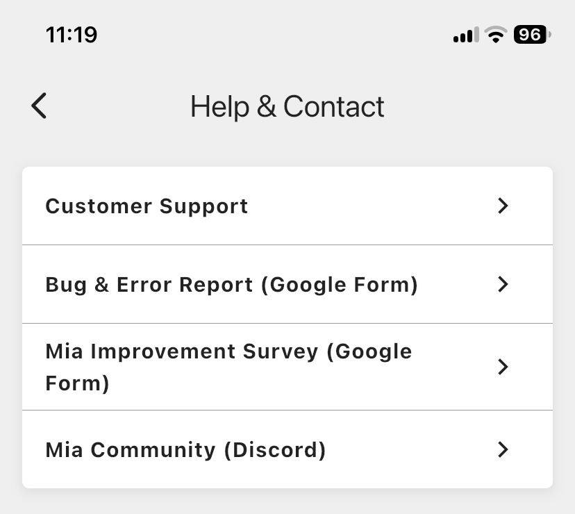 The Help & Contact screen, with "Customer Support" at the top