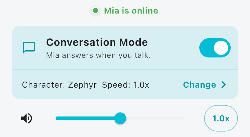 The top of the Home screen: connection status, Conversation Mode card, volume slider and mute button