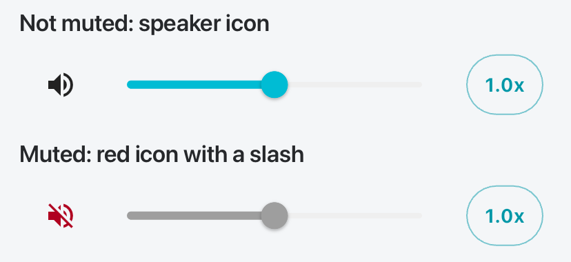 Comparison of the speaker icon and slider when Mia is not muted and when Mia is muted