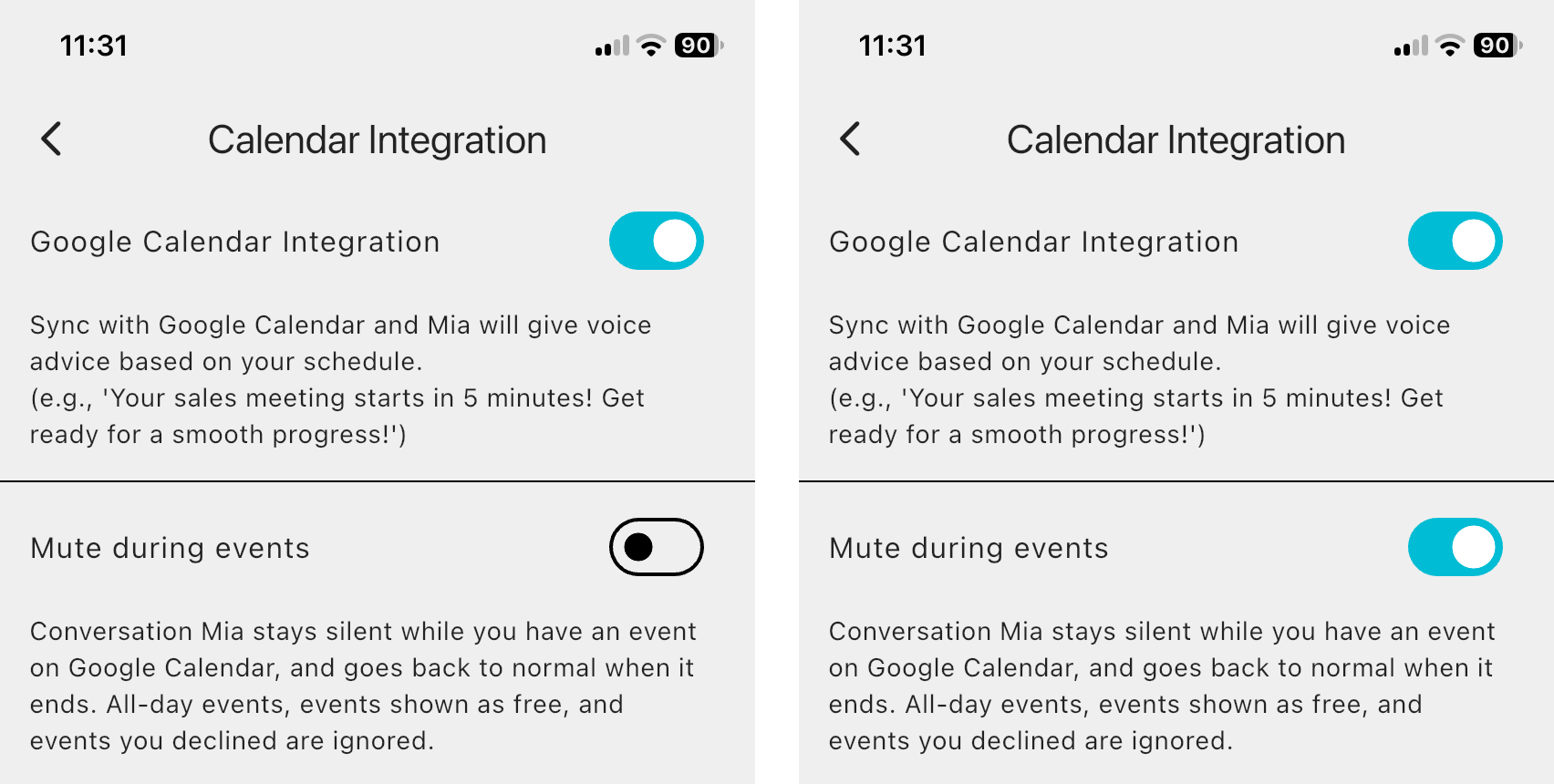 The Calendar Integration screen with "Mute during events" off (left) and on (right)