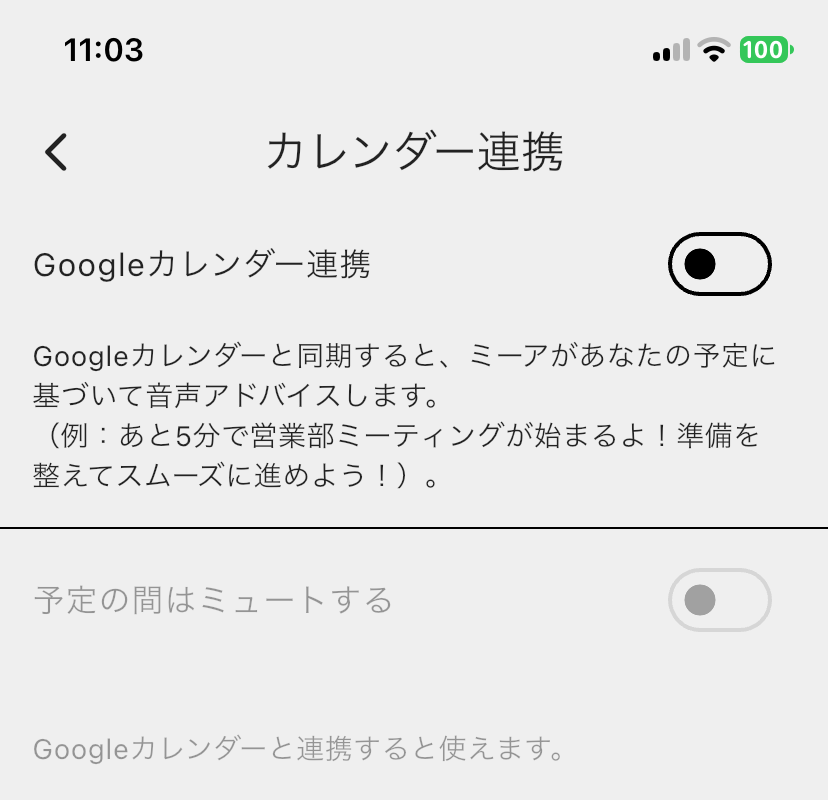 Googleカレンダー連携がオフの画面。「予定の間はミュートする」は灰色で使えない