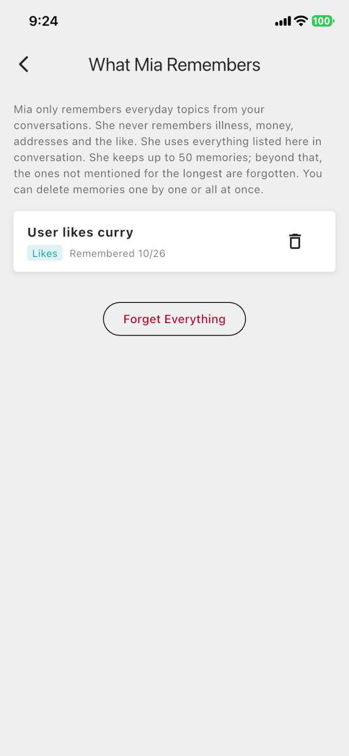 The "What Mia Remembers" screen before the video: only "User likes curry" is saved