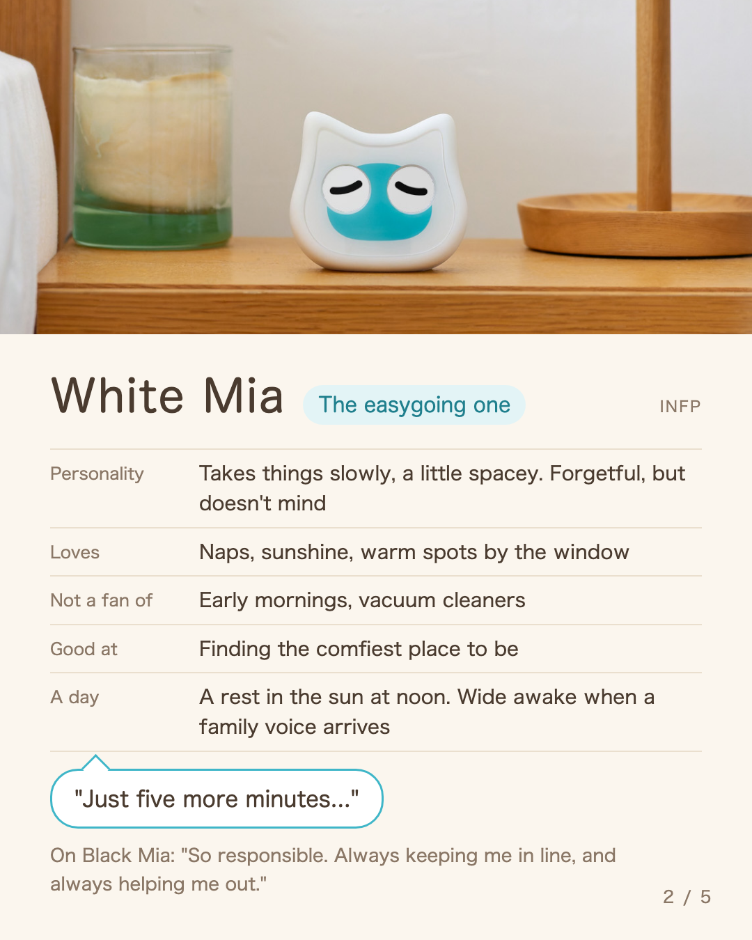 White Mia with closed eyes on a bedside table, and White Mia's profile