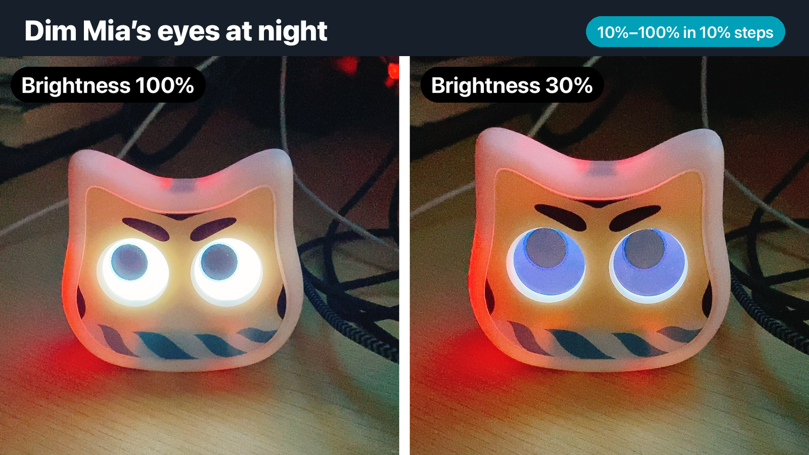 Mia's eyes at 100% and 30% brightness in a dark room