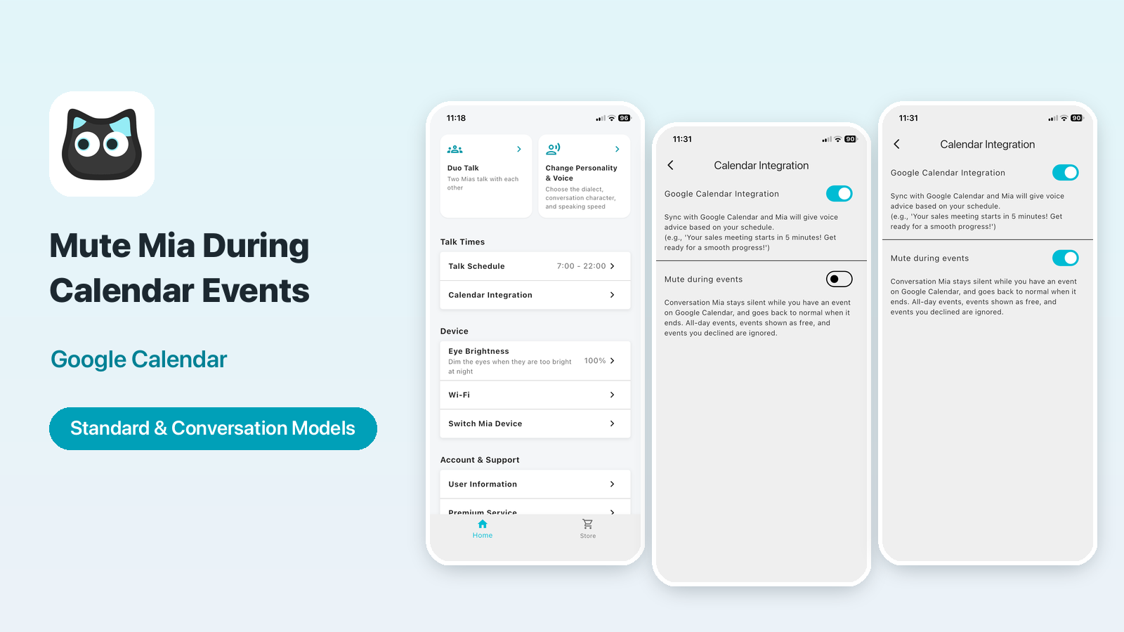 The Calendar Integration screen of the Mia app with the Mute during events switch