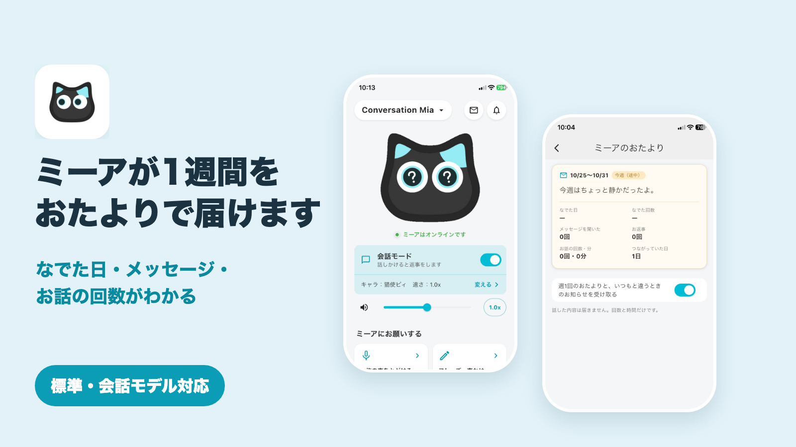 ミーアアプリの「ミーアのおたより」画面。今週のなでた日、メッセージを聞いた回数、お話の回数が表示されている